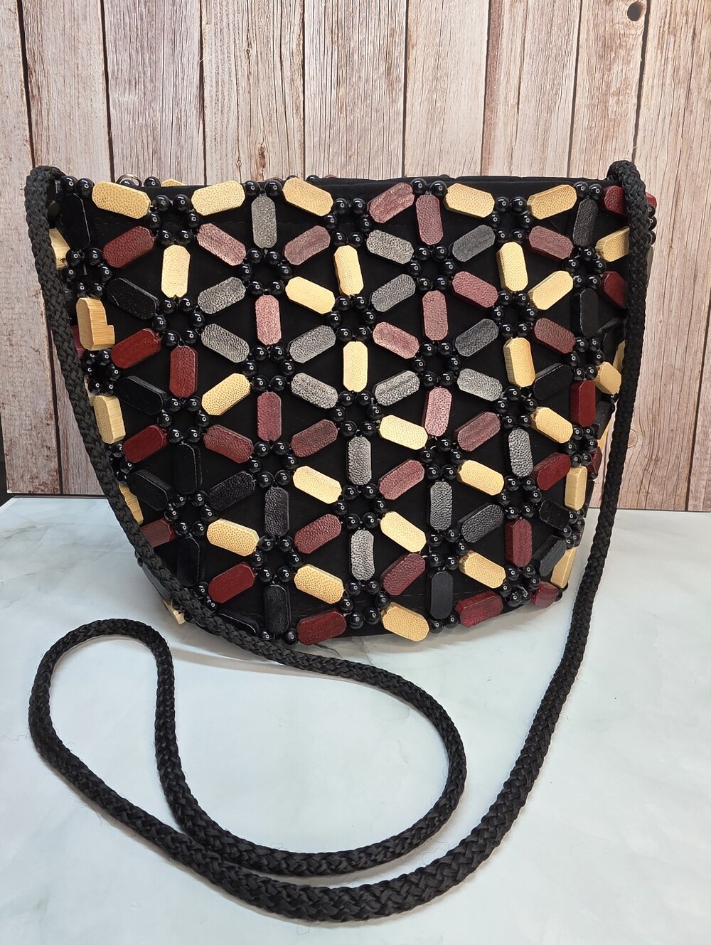 Handmade African Wooden Beaded Crossbody Bag Boho Artisan - Picture 2 of 11